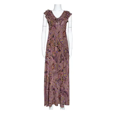 Etro Olive Green Paisley Print Stretch Jersey Ruffled Maxi Dress