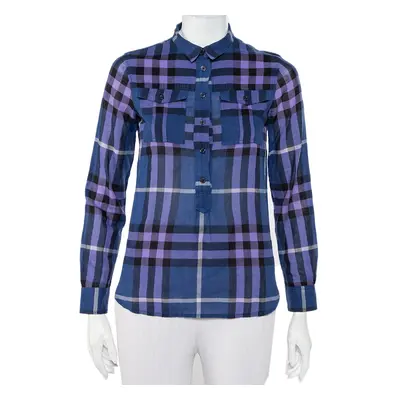 Burberry Brit Navy Blue Checkered Cotton Half Buttoned Shirt