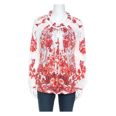 Roberto Cavalli Off White Floral Printed Ruched Detail Shirt