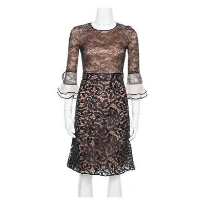 Valentino Black Lace Overlay Flute Sleeve Midi Dress