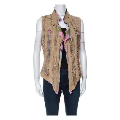 Roberto Cavalli Multicolor Printed Silk and Beige Suede Overlay Sleeveless Vest