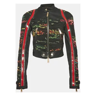 Dsquared2 Black Floral Print Denim and Crepe Gathered Jacket