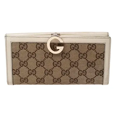 Gucci White/Beige GG Canvas and Leather G Bit Flap Continental Wallet