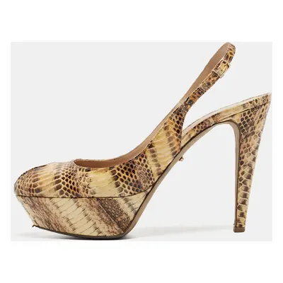 Sergio Rossi Beige Python Leather Peep Tee Platform Slingback Sandals Size