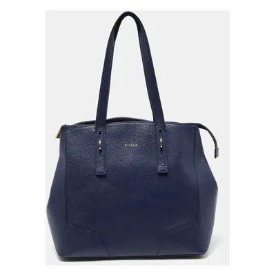 Furla Navy Blue Leather Top Zip Satchel