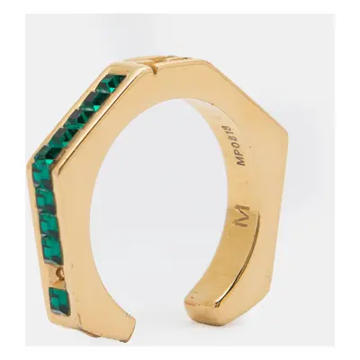 Fendi Gold Tone & Green Crystal Studded Baguette Ring Size