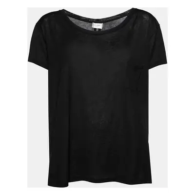 Saint Laurent Black Cotton Front Pocket Crew Neck Short Sleeve Top