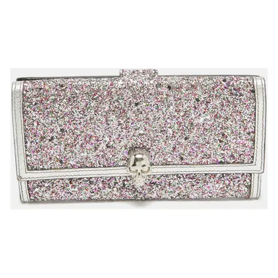 Alexander McQueen Silver Glitter and Leather Skull Continental Wallet