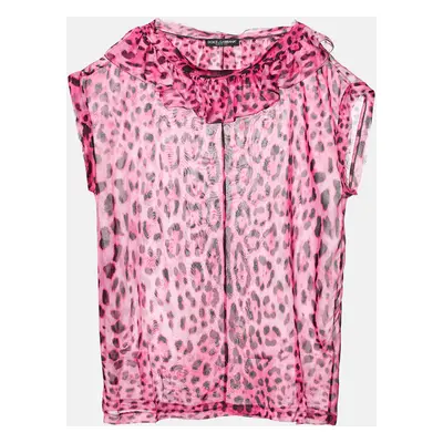 Dolce & Gabbana Pink Leopard Print Silk Ruffle Top