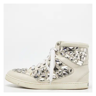 Jimmy Choo White Leather Tokyo Crystal Embellished High Top Sneakers Size 37.5