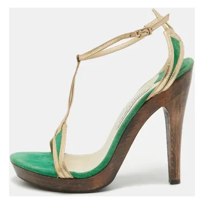 Jimmy Choo Green/Gold Suede and Leather T-Bar Ankle Strap Sandals Size