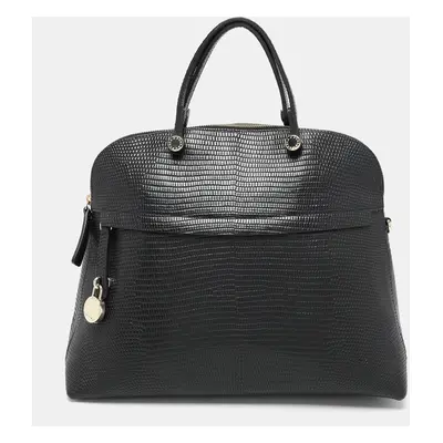 Furla Black Textured Leather Piper Dome Satchel