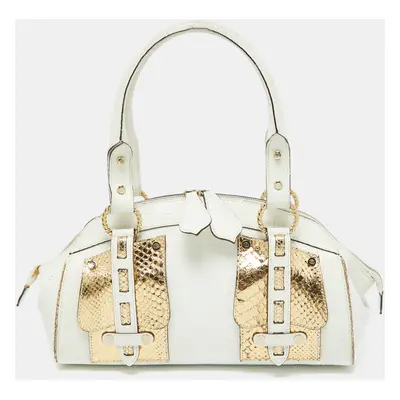 Roberto Cavalli White/Gold Croc Embossed Leather and Snakeskin Satchel