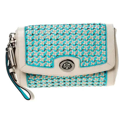 Coach Beige/Blue Caning Leather Flap Wristlet Clutch