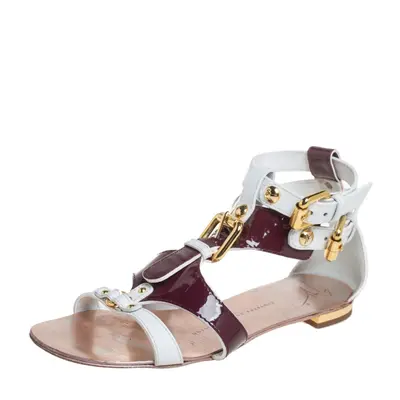 Giuseppe Zanotti White/Burgundy Patent Leather And Leather Flat Strappy Sandals Size