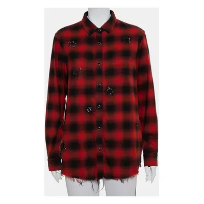 Amiri Red & Black Plaided Flannel Crystal Star Embellished Frayed Hem Shirt