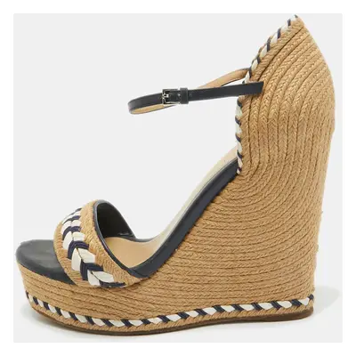 Gucci Beige/Blue Leather and Raffia Wedge Sandals Size