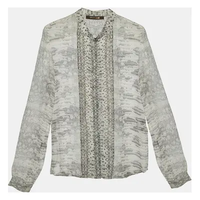 Roberto Cavalli Light Grey Snakeskin Printed Silk Button Front Shirt