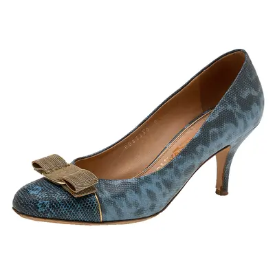 Salvatore Ferragamo Blue/Black Karung Leather Vara Bow Pumps Size 37.5