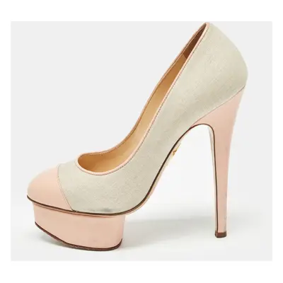 Charlotte Olympia Pink/Grey Canvas and Leather Dolly Pumps Size