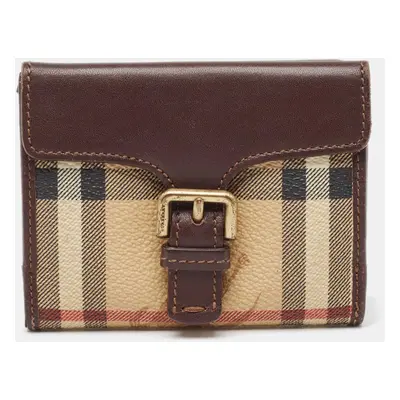 Burberry Brown/Beige Haymarket Check Coated Canvas and Leather Buckle Flap Compact Wallet