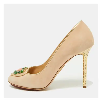 Charlotte Olympia Beige Suede Birthday Zodiac Cancer Pump Size 38.5