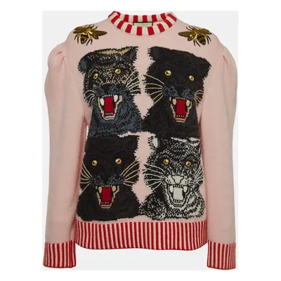 Gucci Pink Wool Tiger Intarsia Embellished Sweater