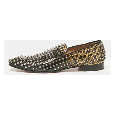 Christian Louboutin Black/Brown Leopard Print Patent Leather Dandelion Spikes Smoking Slippers S