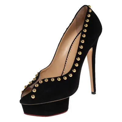 Charlotte Olympia Black Suede Daphne Studded Peep Toe Platform Pumps Size 39.5