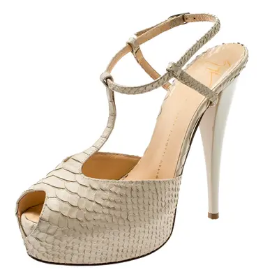 Giuseppe Zanotti Beige Python Embossed Leather T Strap Platform Sandals Size