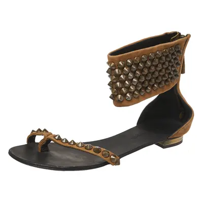 Giuseppe Zanotti Brown Suede Leather Studded Toe Ring Sandals Size 38.5