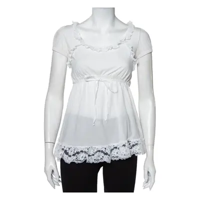 Dolce & Gabbana White Knit Lace Trim Waist Tie Detail Top