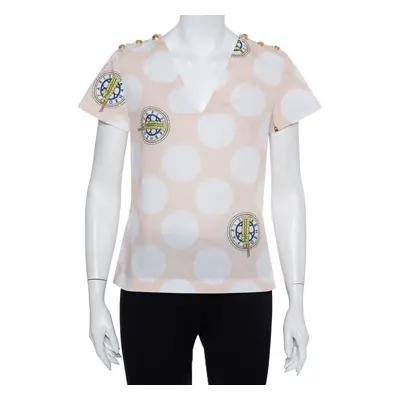 Kenzo Beige Polka Dot Logo Printed Cotton V-Neck Top