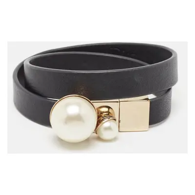 Christian Dior Mise En Dior Black Leather Faux Pearl Gold Tone Double Wrap Bracelet