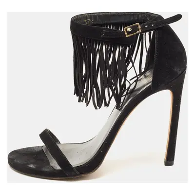 Stuart Weitzman Black Suede Love Fringe Ankle Strap Sandals Size 37.5