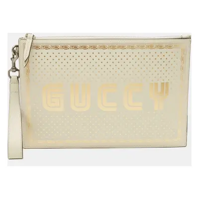 Gucci Off White/Gold Leather Guccy Zip Wristlet Pouch