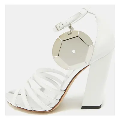 Burberry Grey/White Leather Block Heel Ankle Strap Sandals Size