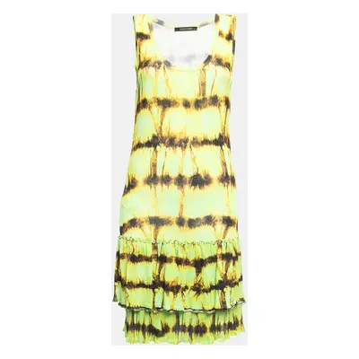 Roberto Cavalli Neon Green/Yellow Abstract Print Jersey Frilled Sleeveless Short Dress