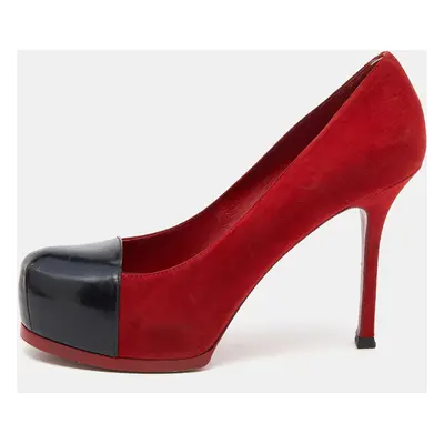 Saint Laurent Red/Black Suede and Leather Tribtoo Platform Pumps Size