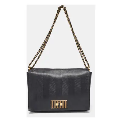 Fendi Black Stripe Embossed Leather Large Claudia Shoulder Bag