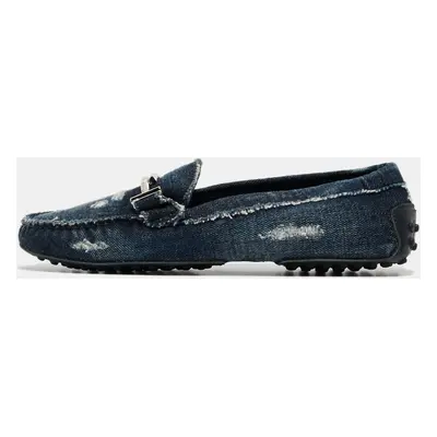 Tod's Navy Blue Denim Double T Slip On Loafers Size