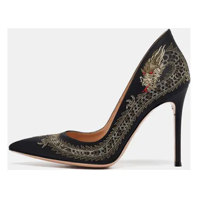 Gianvito Rossi Black Satin Dragon Embroidered Pumps Size 38.5