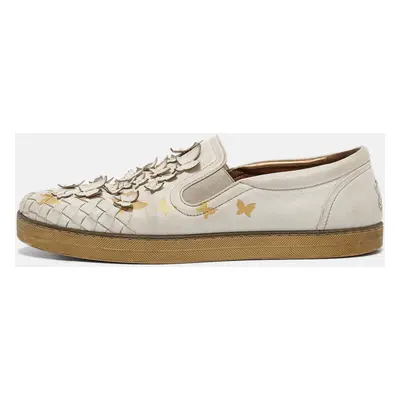 Bottega Veneta White Intrecciato Leather Butterfly Embellished Slip On Sneakers Size