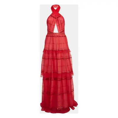 Tadashi Shoji Red Sequin Tulle Halter Neck Tiered Gown