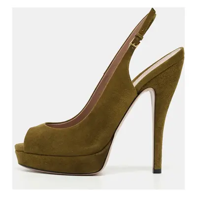 Gucci Green Suede Sofia Slingback Platform Pumps Size 38.5