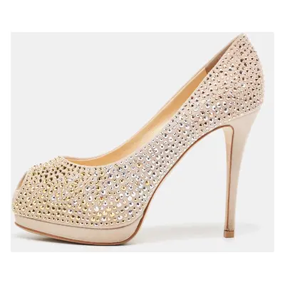 Giuseppe Zanotti Beige Suede Crystal Embellished Peep Toe Platform Pumps Size