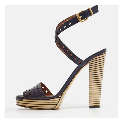 Fendi Navy Blue Perforated Leather Ankle Strap Platform Sandals Size