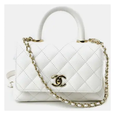 Chanel White Caviar Skin Coco Handle Chain Shoulder Bag