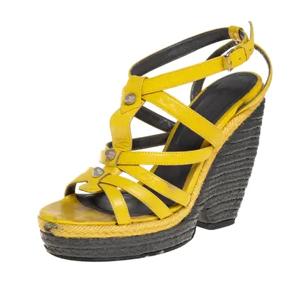 Balenciaga Yellow Leather Wedge Ankle Strap Sandals Size