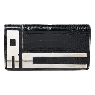 Roberto Cavalli Black Crocodile Embossed Leather Logo Chain Clutch